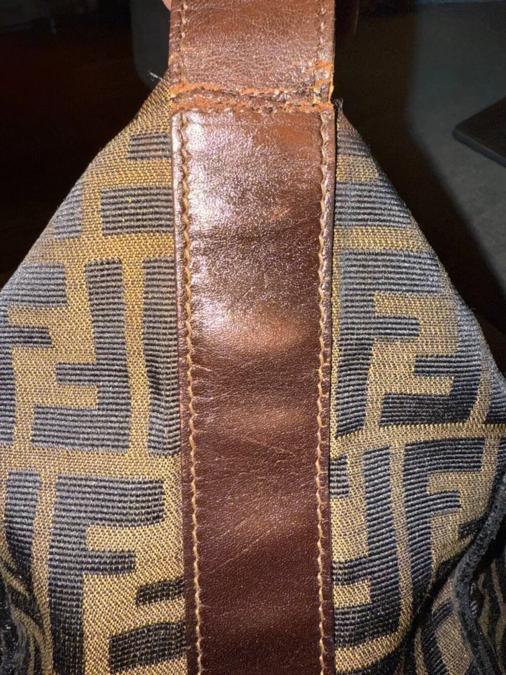 Authentic FENDI Zucca Canvas Top Handle Arm Vanity Bag Black Brown
